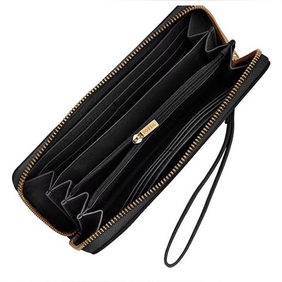FOSSIL Logan RFID Zip-Around Leather Wristlet Wallet Black Cow Hide Leather NWT - Picture 8 of 11